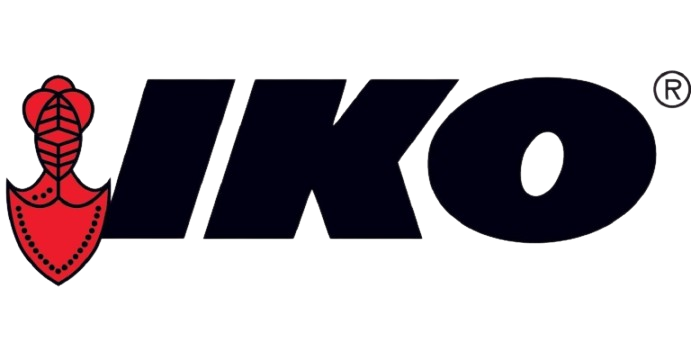 A black and red logo for iko with a red shield on a white background.