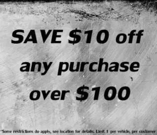 A sign that says save $10 off any purchase over $ 100