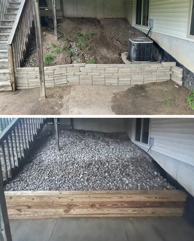 Under-deck retaining wall with gravel drainage stone installed for improved water management and erosion control in Okemos, Michigan