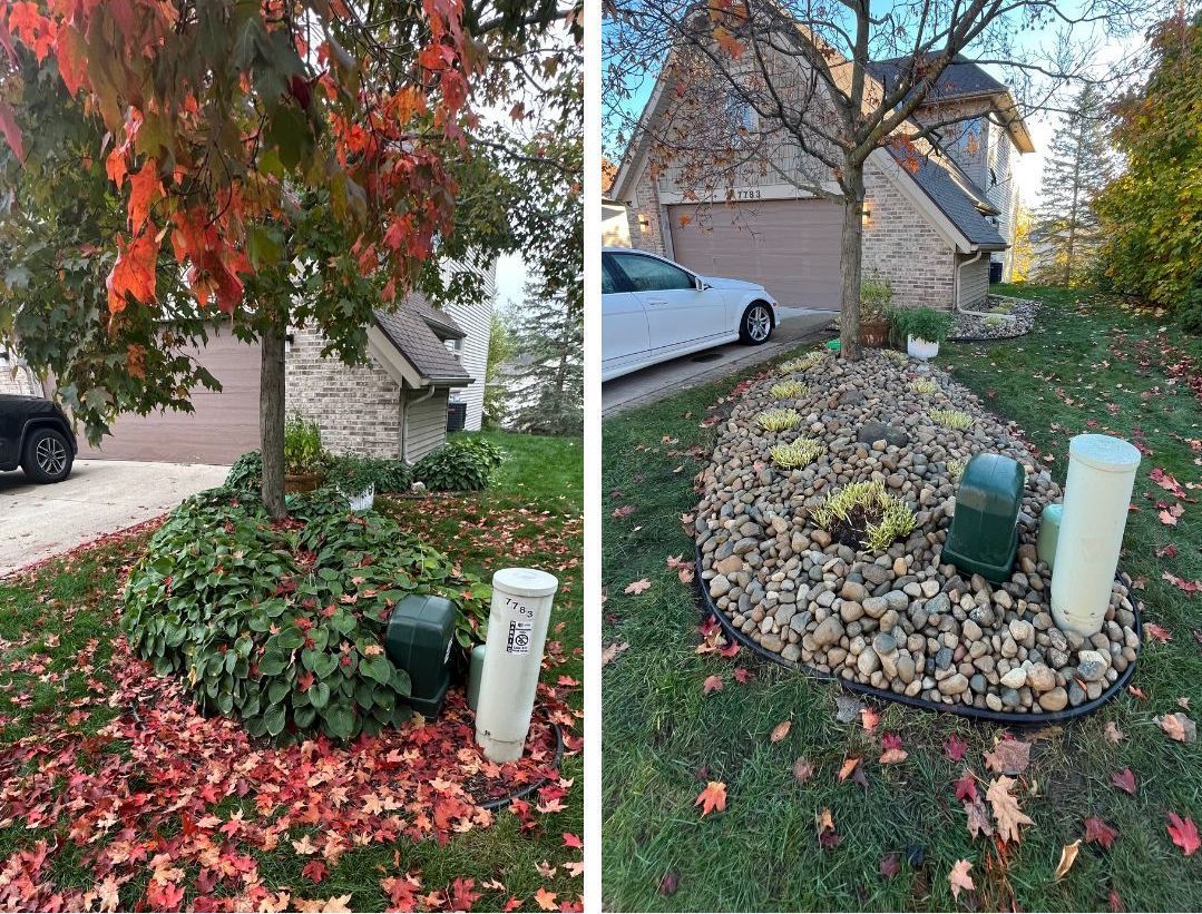 Professional landscape maintenance in Haslett, Michigan: perennial pruning and river rock installation for a clean, low-maintenance fall garden bed.