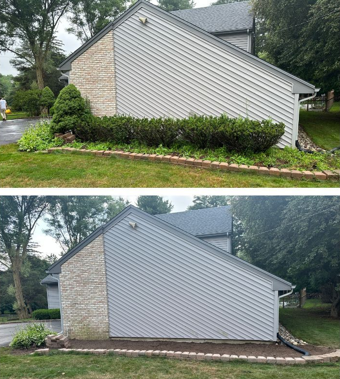 Shrub removal and landscape bed cleanup along home exterior in Okemos, Michigan, including removal of overgrown foundation shrubs and preparation for new landscaping