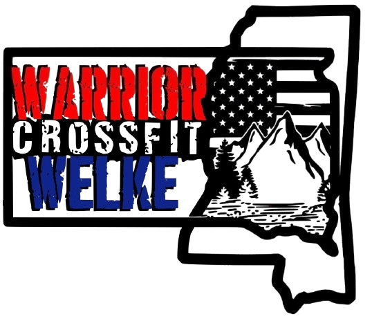 Logo for Warrior CrossFit Welike: Text over a stylized map with mountains, lake, and American flag.