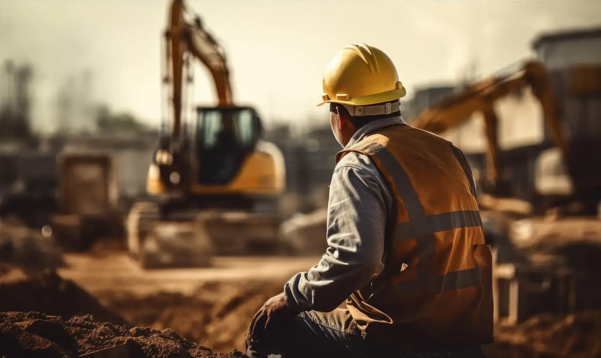 Un operaio edile è inginocchiato nella polvere in un cantiere.