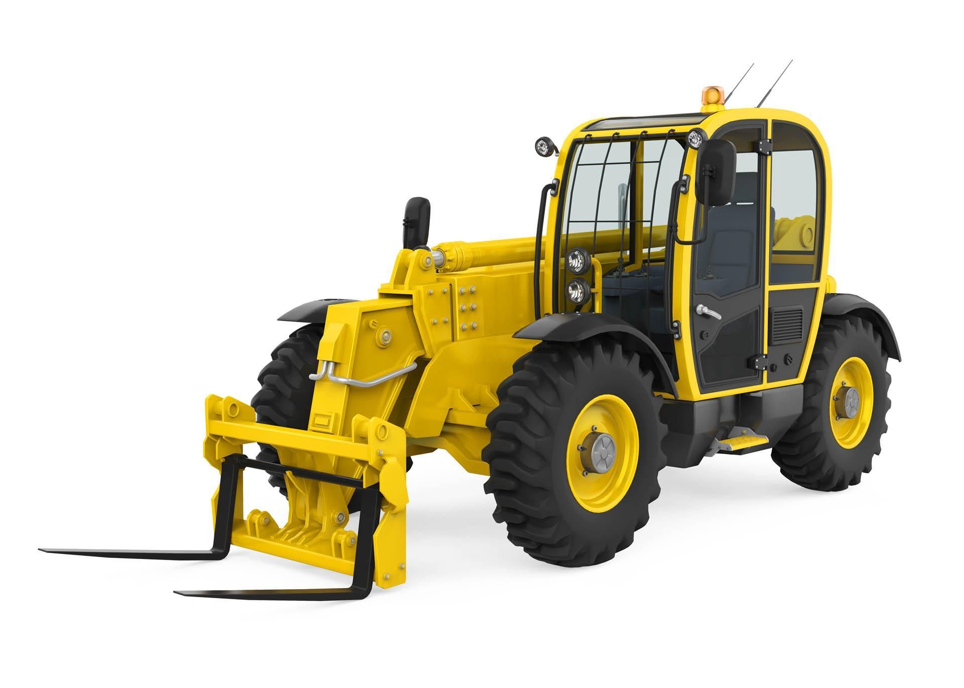Un carrello elevatore giallo con una forca attaccata su uno sfondo bianco.