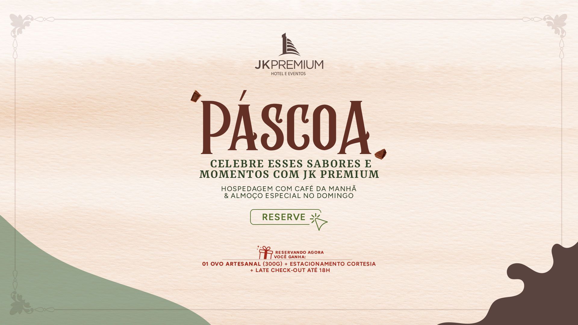 Anúncio de Páscoa com texto sobre fundo marrom claro e uma mancha de chocolate.