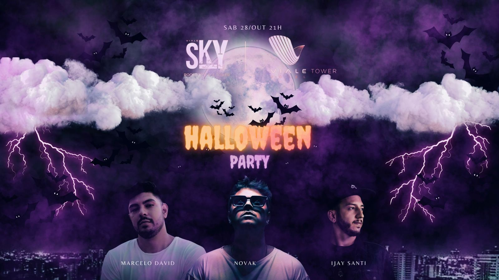 Panfleto de festa de Halloween: Três homens em frente a um céu roxo com nuvens, morcegos e relâmpagos.