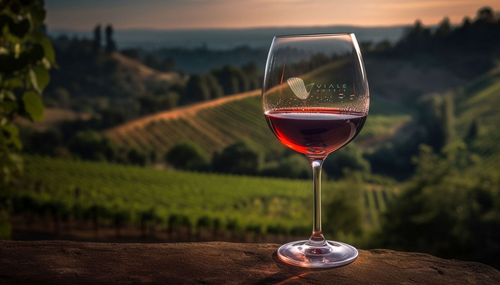 Uma taça de vinho cheia de vinho tinto fica em uma saliência com vista para um vinhedo ao pôr do sol.