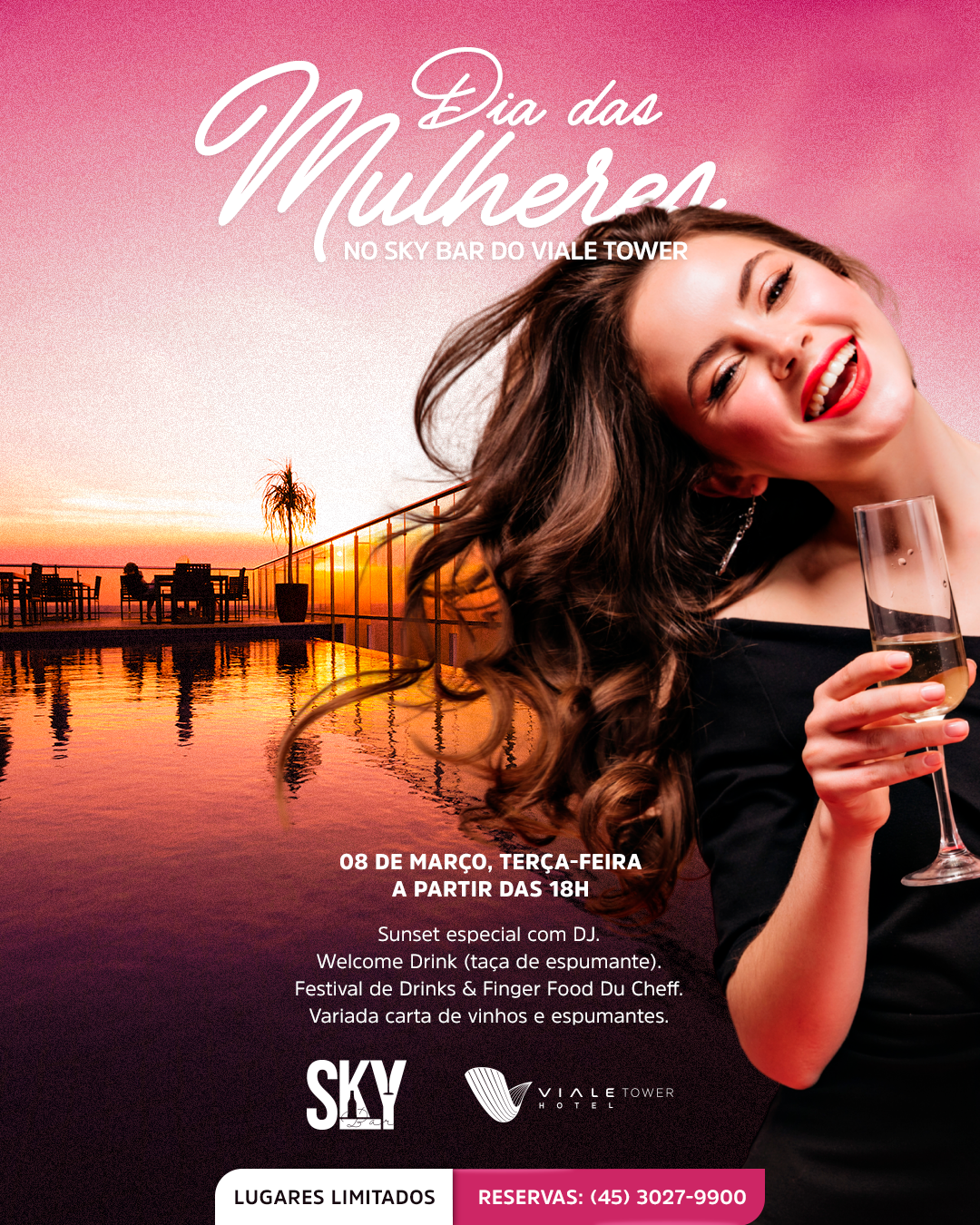 Mulher comemorando o pôr do sol, segurando champanhe. Evento do Dia Internacional da Mulher.