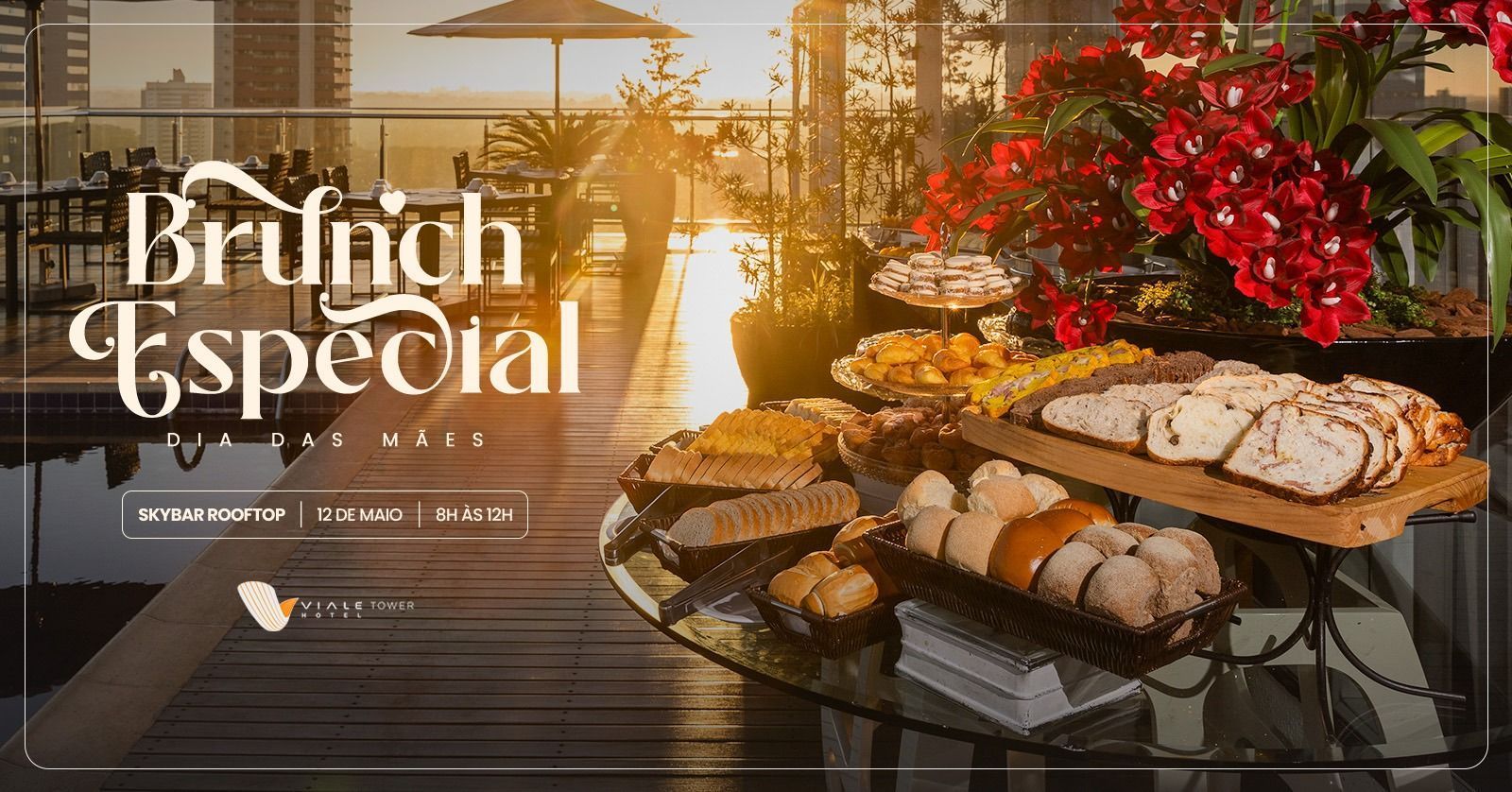 Brunch servido em uma mesa com vista para a cidade, com as palavras 