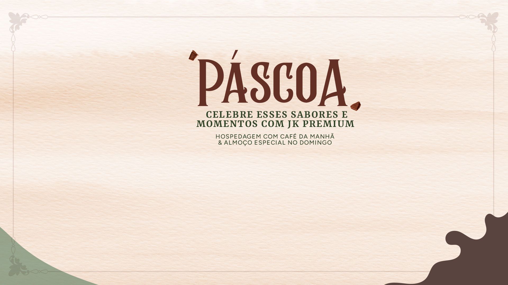 Anúncio de Páscoa com a palavra "Páscoa", detalhes de chocolate e logotipos da empresa sobre um fundo marrom.