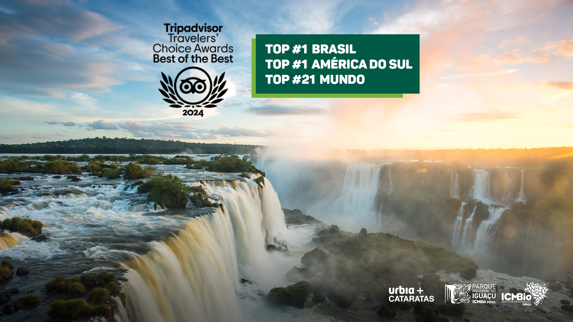 Cataratas do Iguaçu com prêmio do TripAdvisor, classificada como nº 1 no Brasil, América do Sul e nº 21 no mundo.