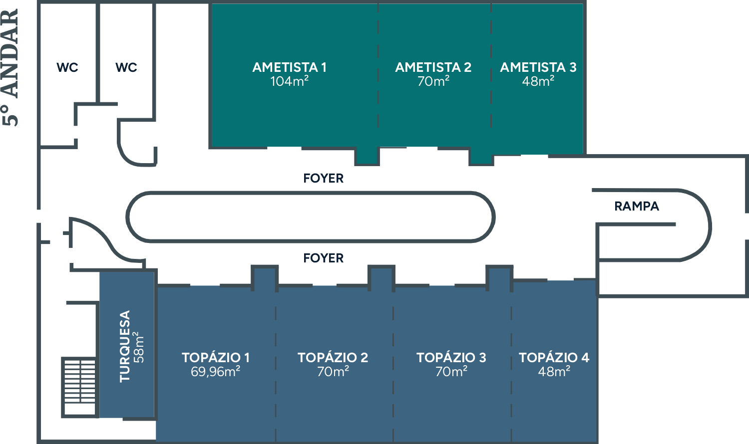 Planta baixa do 5º andar de um edifício. Inclui salas de reuniões (identificadas como Topázio e Ametista), hall de entrada, banheiros e uma rampa de acesso.