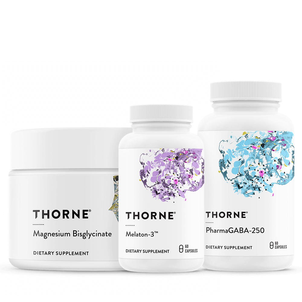 Three white Thorne supplement bottles: Magnesium Bisglycinate, Melatonin 3, and PharmaGABA-250.