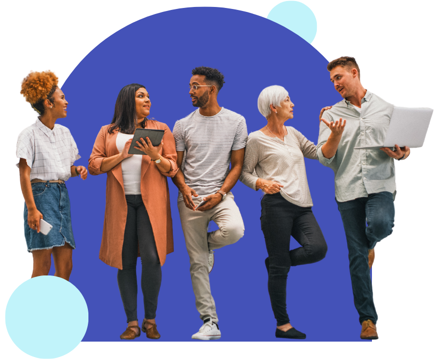a group of people are standing next to each other on a blue background.