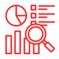 Un icono de línea roja de una lupa, gráficos y un gráfico circular.