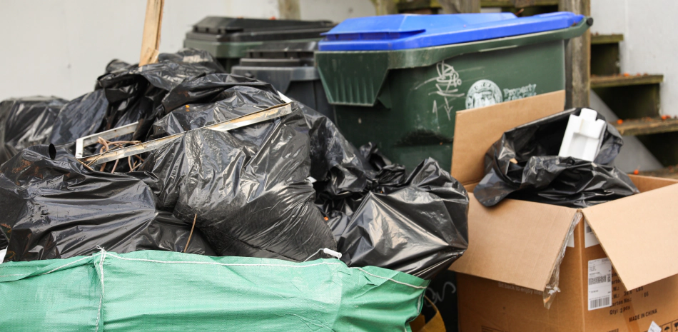 A pile of garbage bags , boxes , and trash cans in a garage.