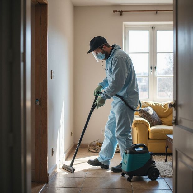 Person in protective suit cleaning floor with a vacuum in a sunlit room.