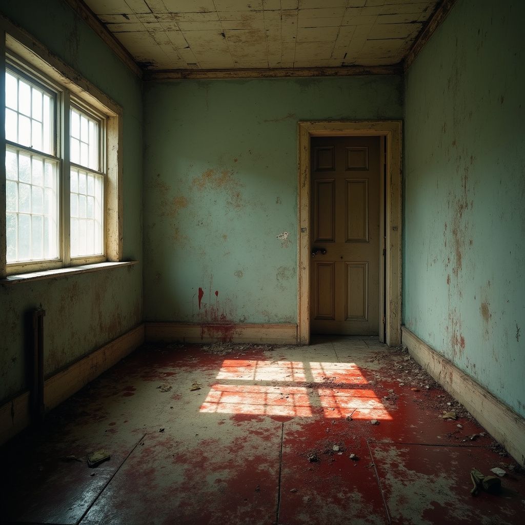 An empty, decaying room with a window, a door, and blood splattered on the floor.