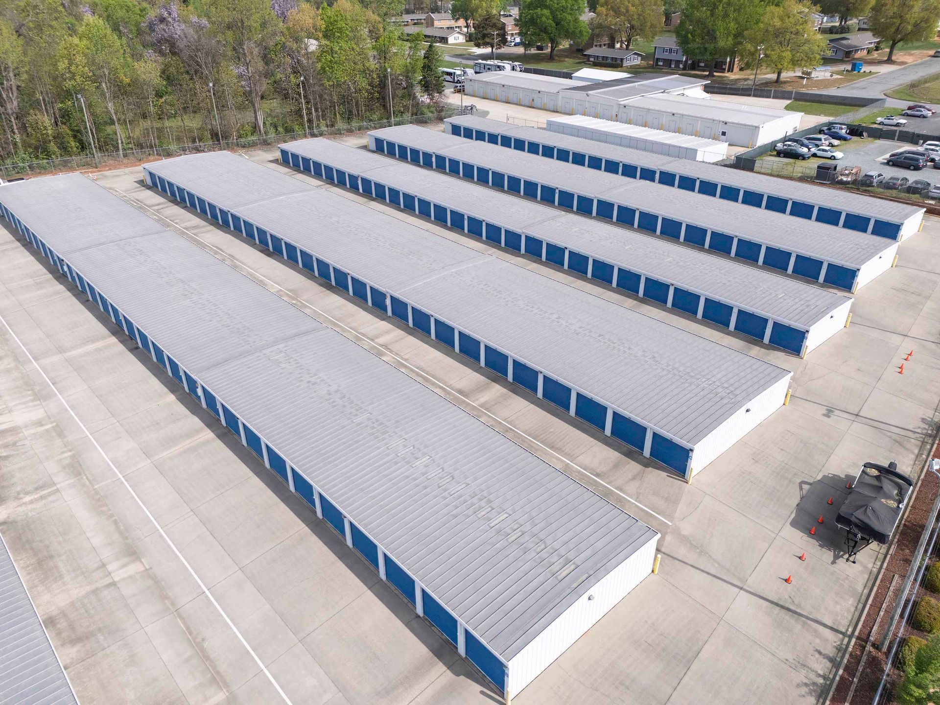 Affordable large and small self storage units with blue doors near Burlington, NC