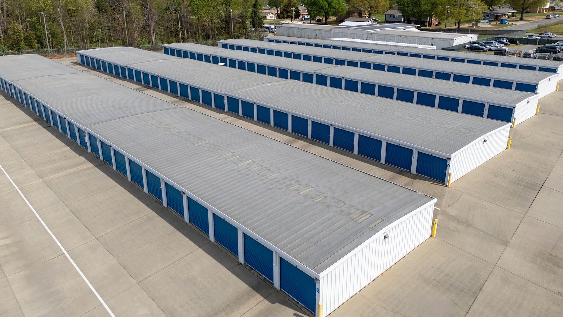 Self storage units with blue doors at America's Self Storage in Burlington, NC