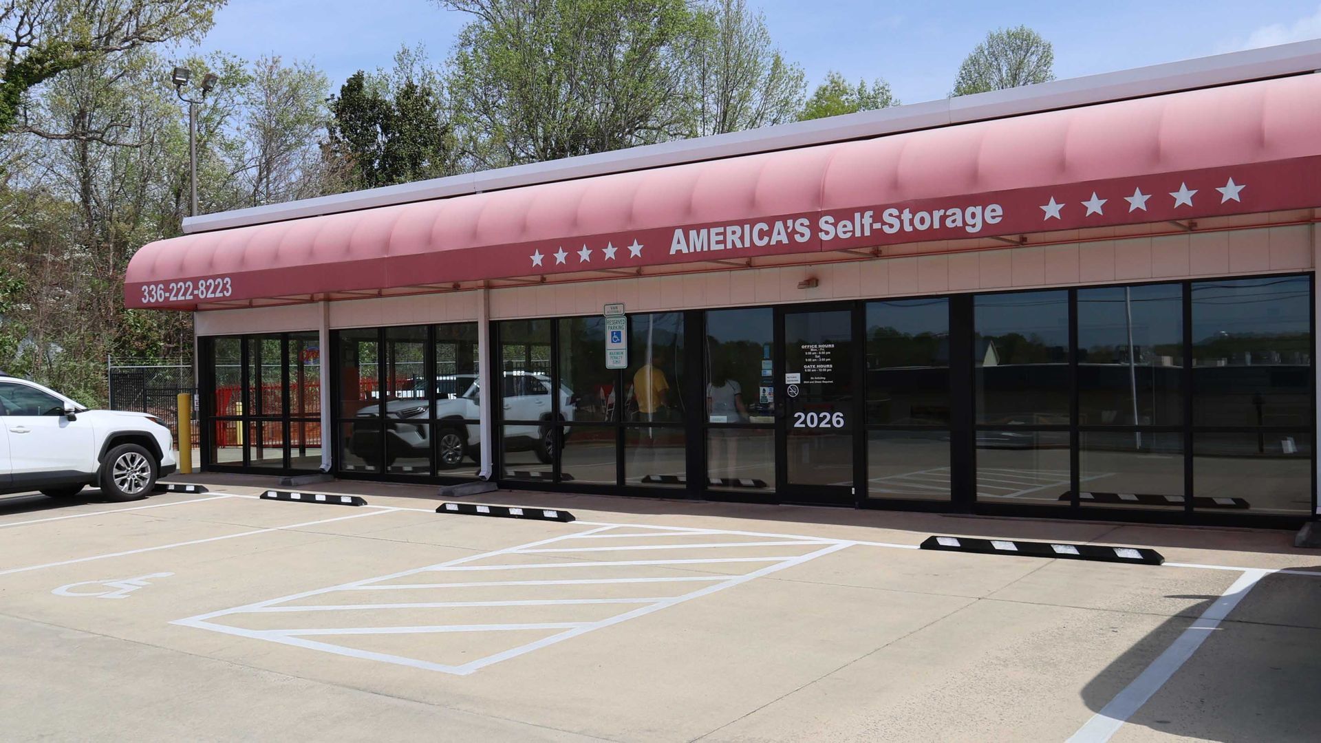 Entrance for a locally owned self storage facility with large climate controlled units in Burlington, NC