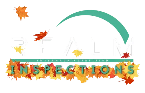 Logo for Realm Inspections, text with autumn leaves around it. Green and orange hues.