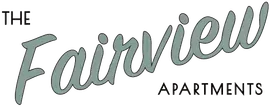 The text "THE FAIRVIEW APARTMENTS" in sage green, stylized script and block lettering against a white background.