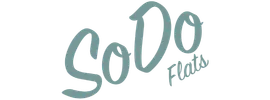 A logo in sage green cursive script that reads "SoDo Flats."