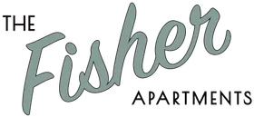 Logo for "The Fisher Apartments" with the word "Fisher" in large, sage-green cursive and "THE" and "APARTMENTS" in black.