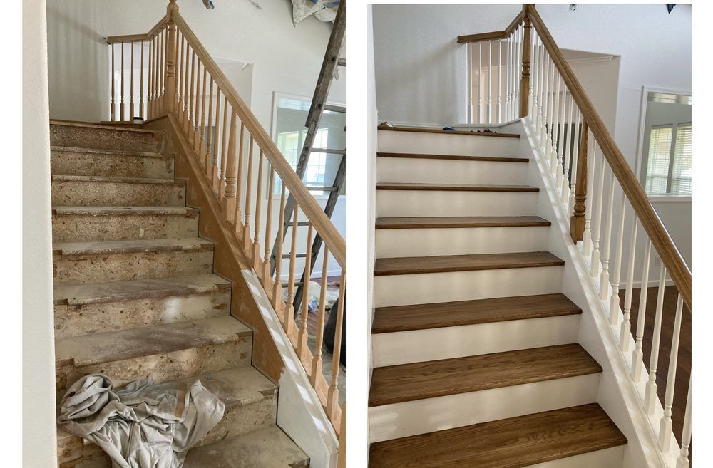 A before and after picture of a wooden staircase with white railings.