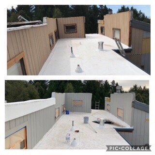 A picture of a roof before and after being painted white.