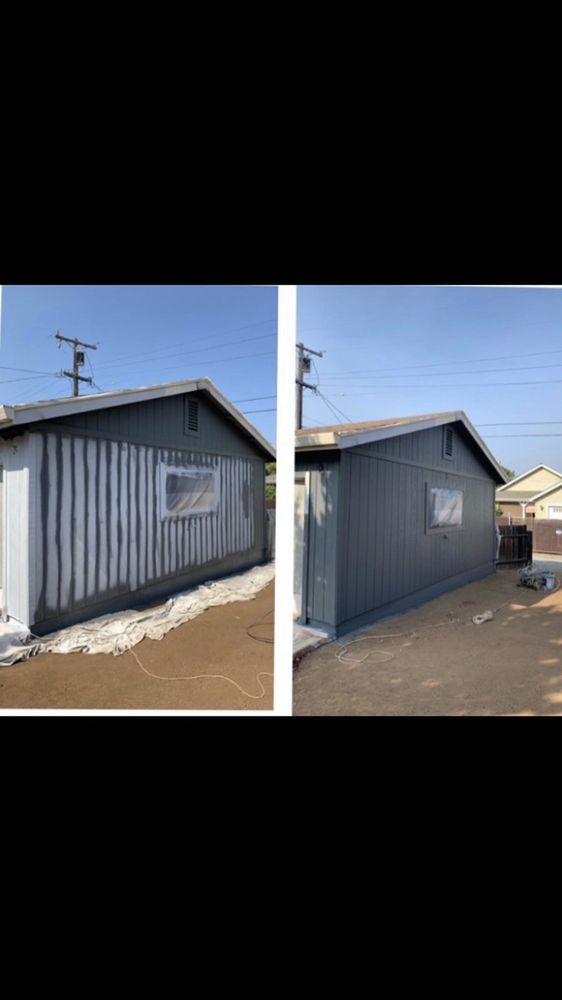 A before and after picture of a house being painted.