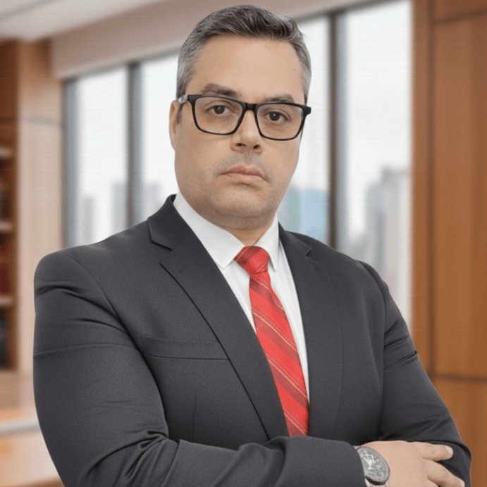 Homem de terno e gravata, braços cruzados, usando óculos, em um ambiente de escritório.