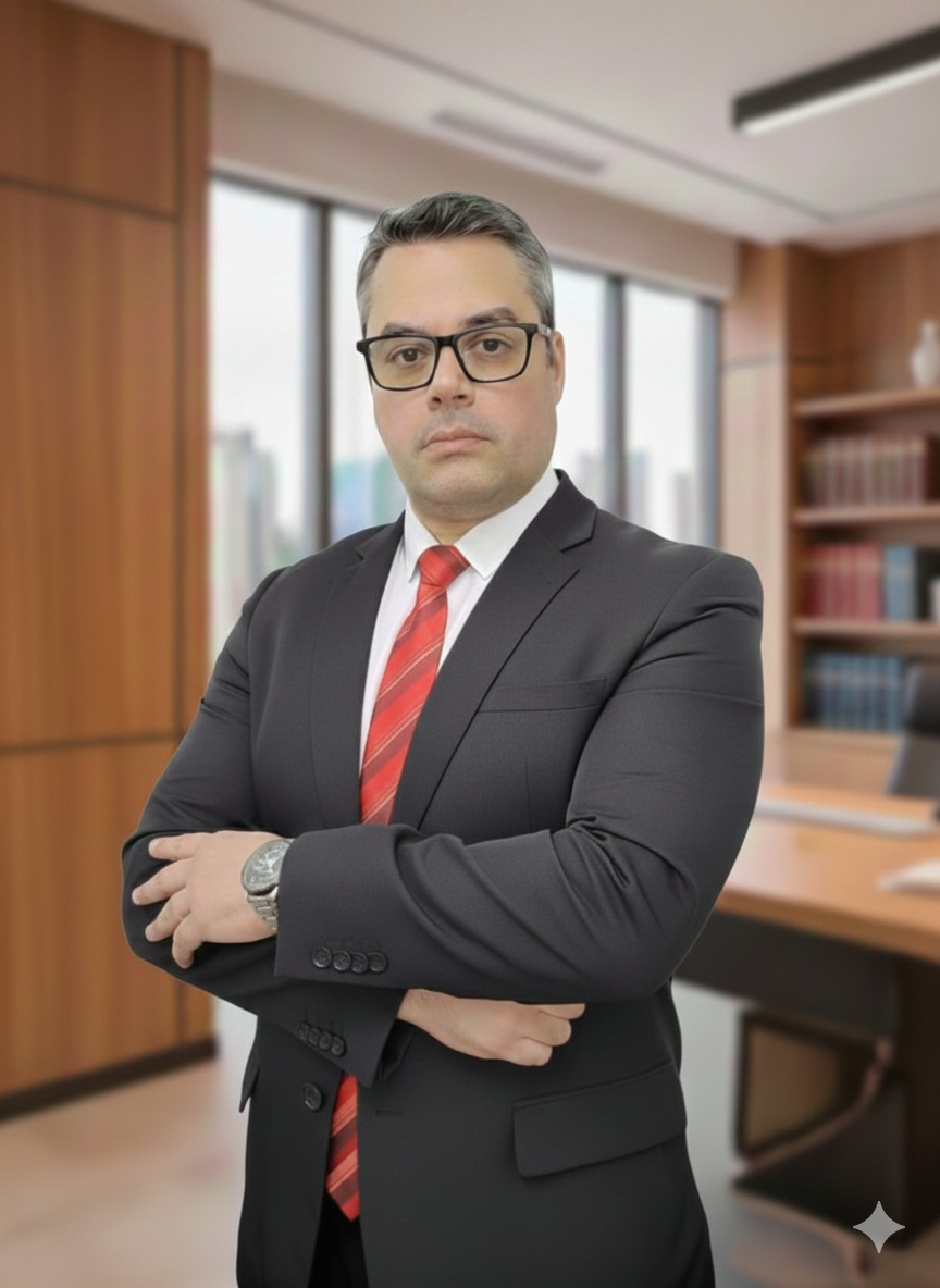 Homem de terno com os braços cruzados, em um ambiente de escritório moderno.