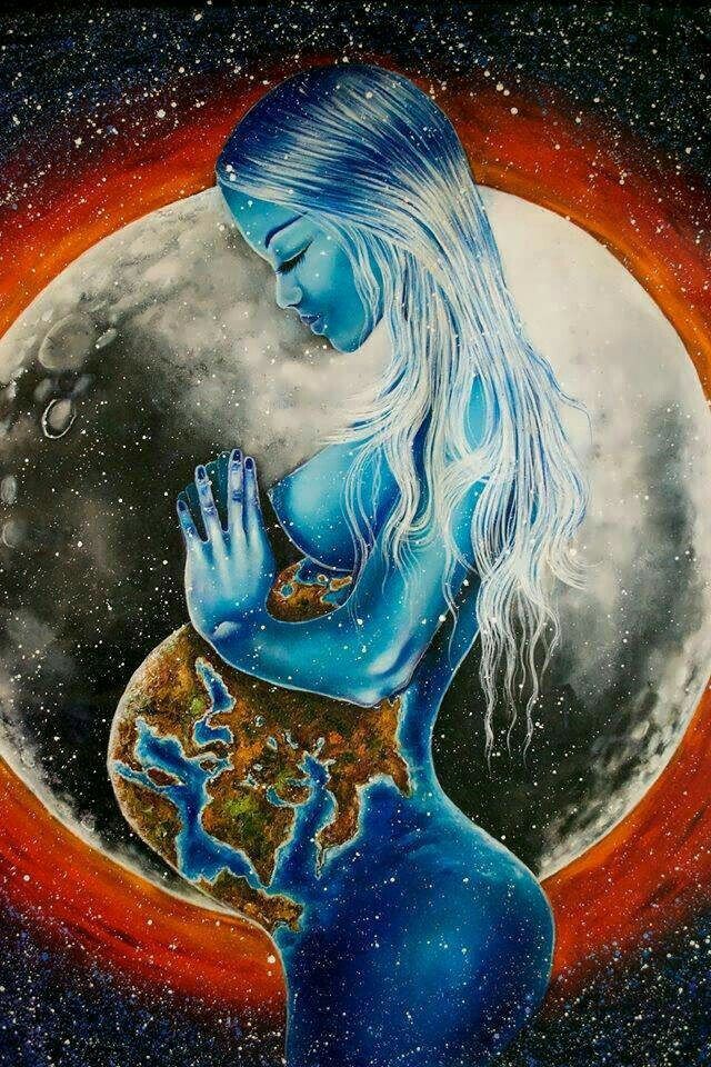 A painting of a woman holding a globe in front of a full moon