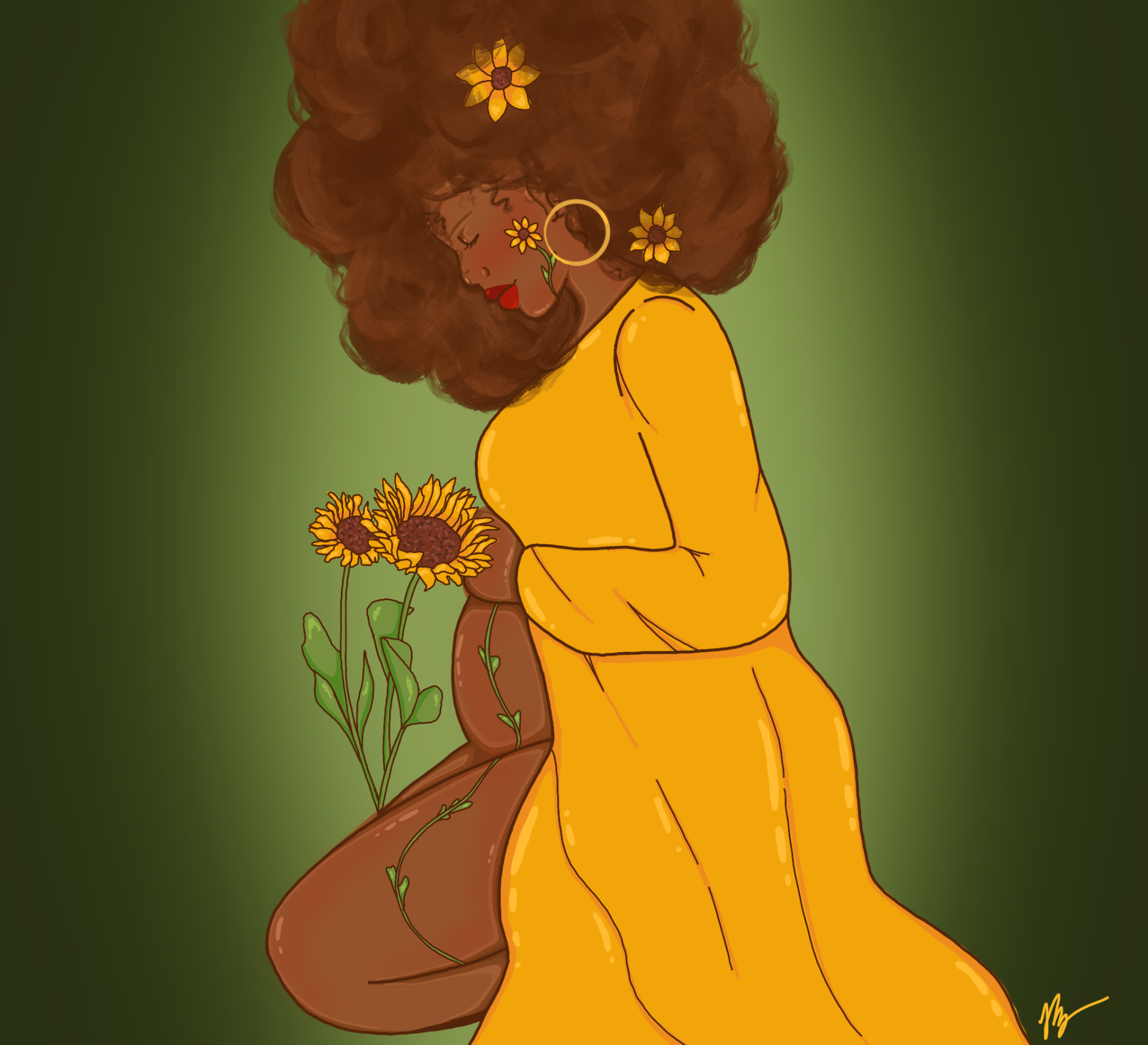 A drawing of a woman in a yellow dress holding sunflowers