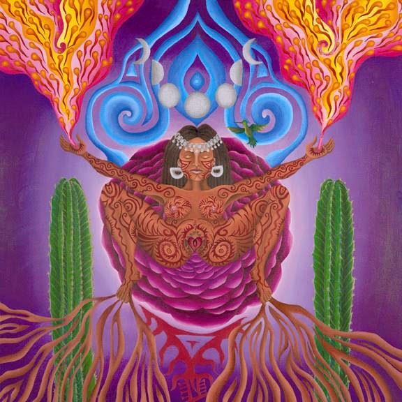 A colorful painting of a woman surrounded by cactus