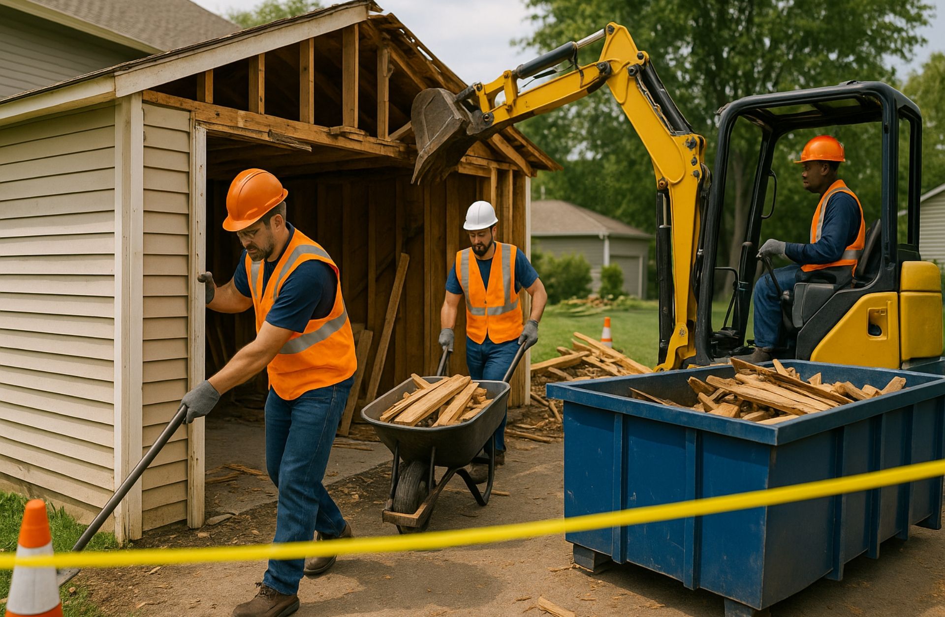 Professional demolition crew tearing down an old garage with equipment and debris removal by Your Helpful Neighbors in Ferndale, MI.
