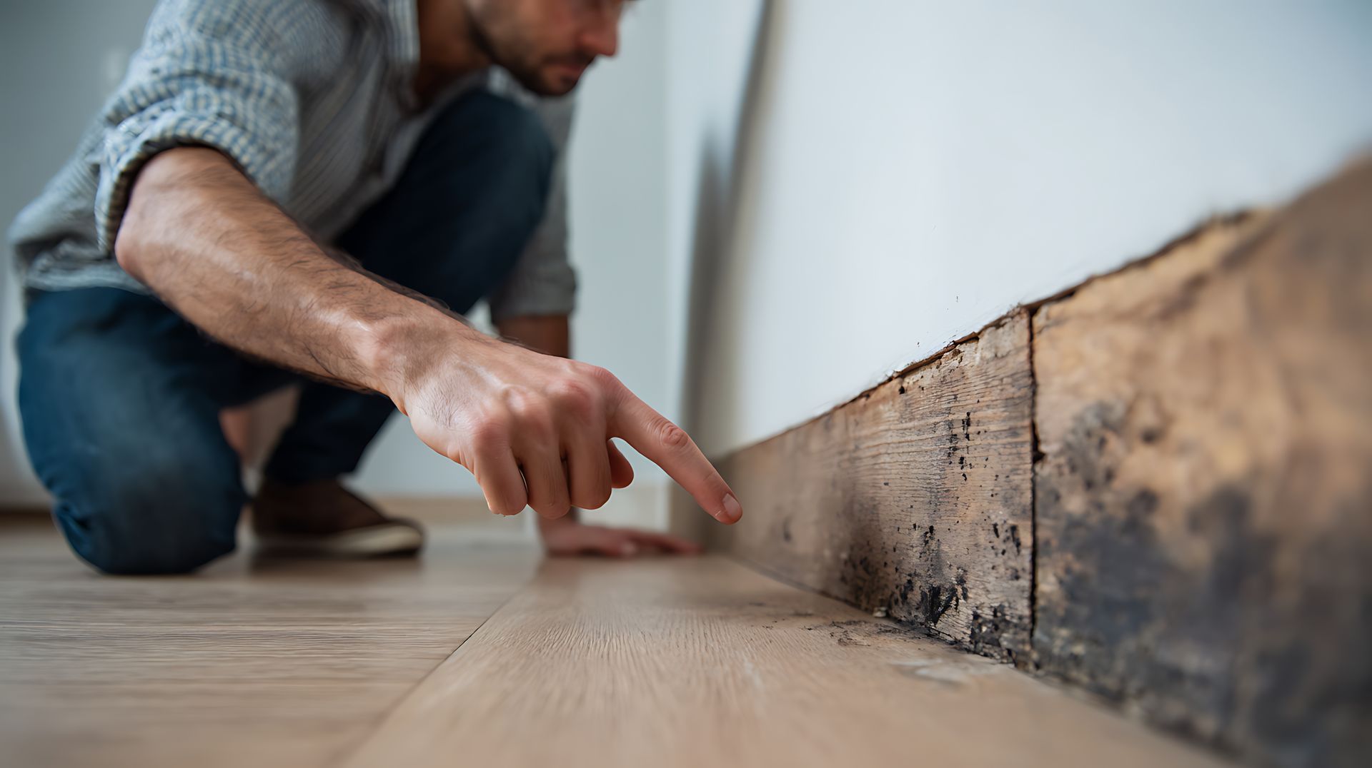 Man examining termite infestation on baseboard and wall corner.