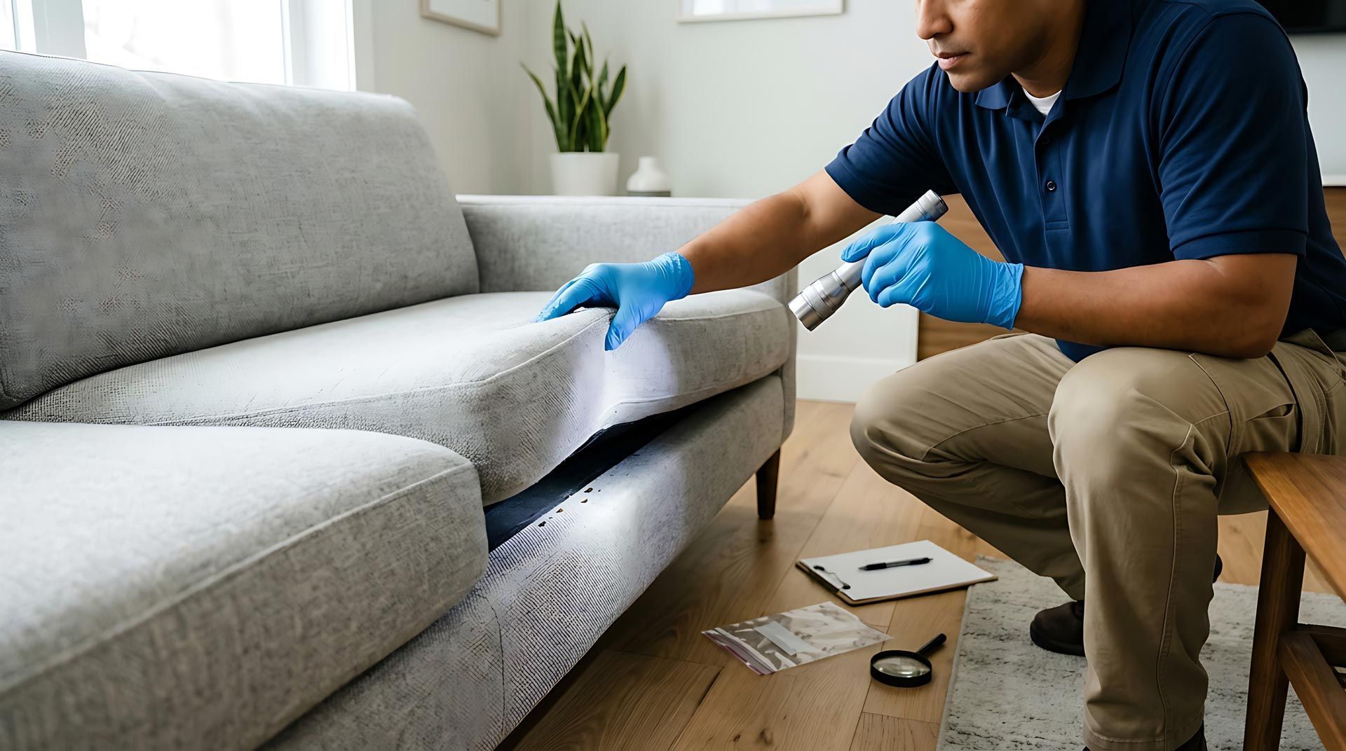 Pest control technician in blue uniform and gloves using flashlight to inspect sofa for bed bugs. Pest control technician in blue uniform and gloves using flashlight to inspect sofa for bed bugs.