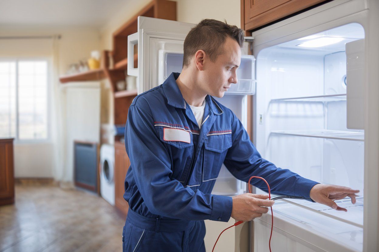 A man is fixing a refrigerator in a kitchen.