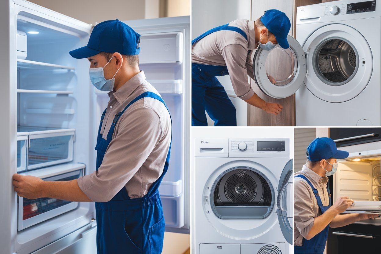 A man wearing a mask is working on a refrigerator , washing machine and dryer.