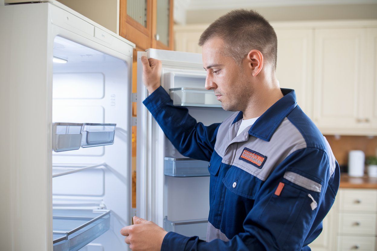 A man is working on a refrigerator in a kitchen.