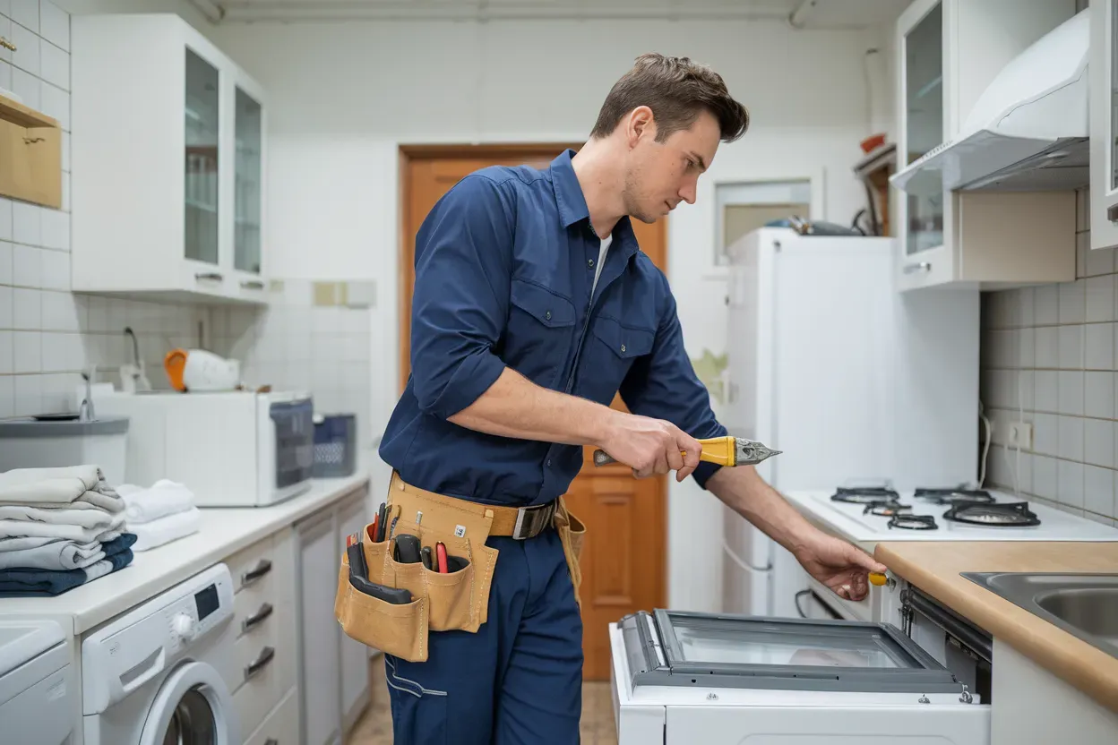 A man is working on an oven in a kitchen.