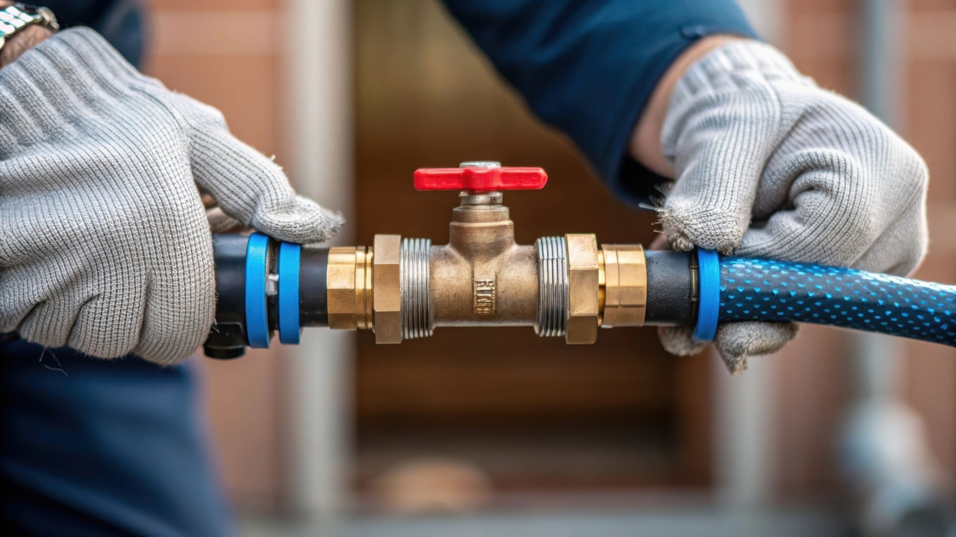 Hands in gloves connect a brass valve to blue-striped black hoses with blue rings, outside.