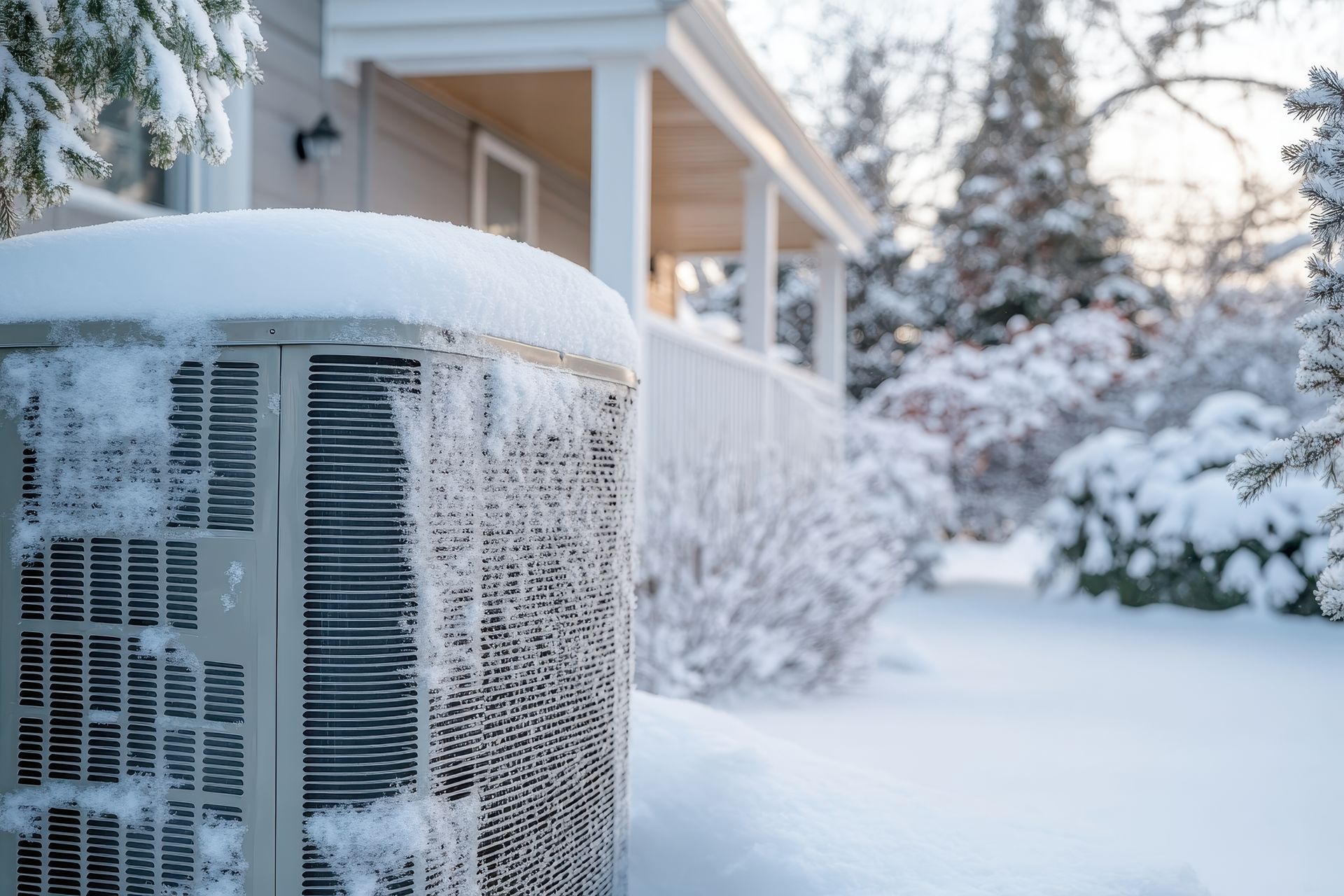 Air conditioning unit covered in snow in a wintery yard setting.