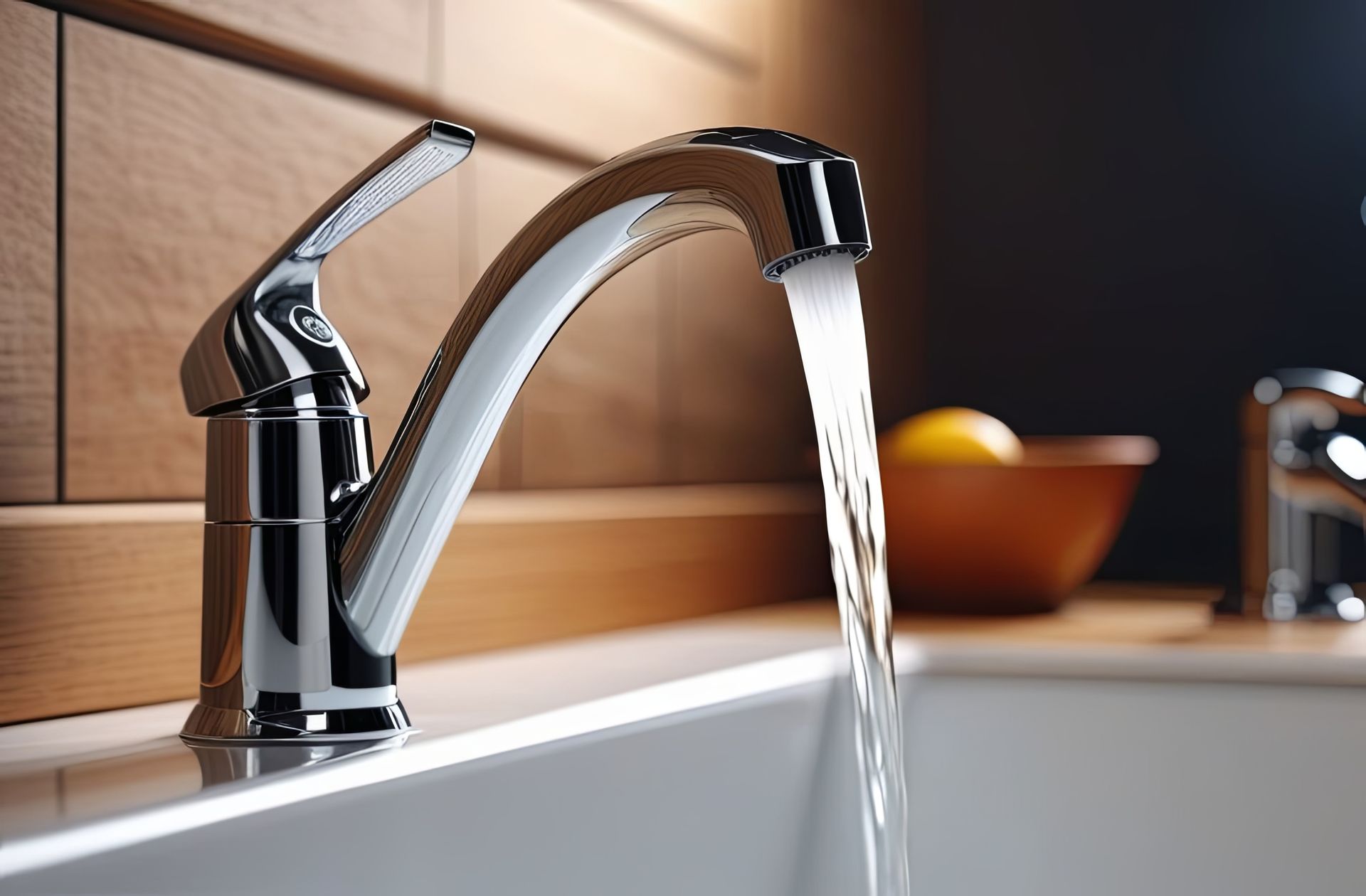 Chrome faucet with water running into a white sink in a kitchen setting.