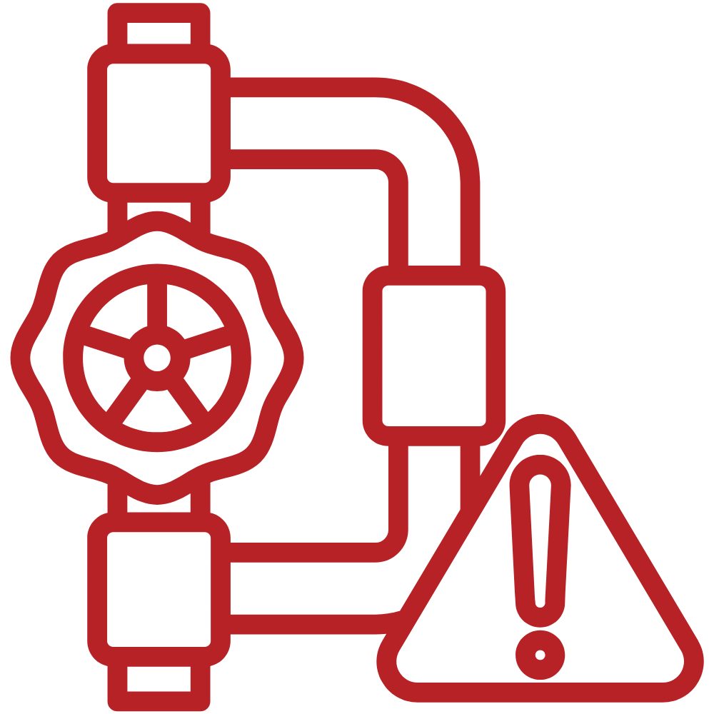 Red pipes with valve and warning triangle.