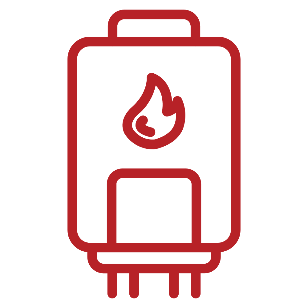 Red outline of a water heater with a flame symbol.