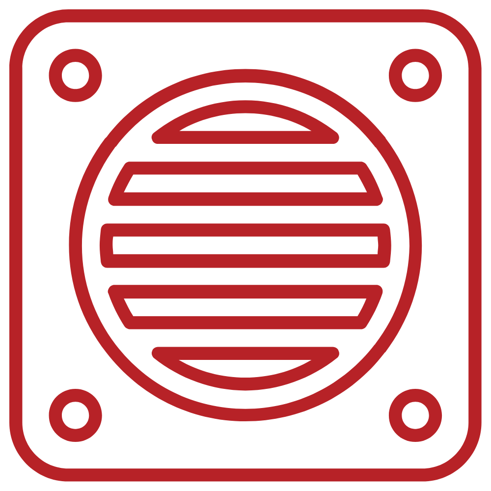 Red square icon with a speaker grill.